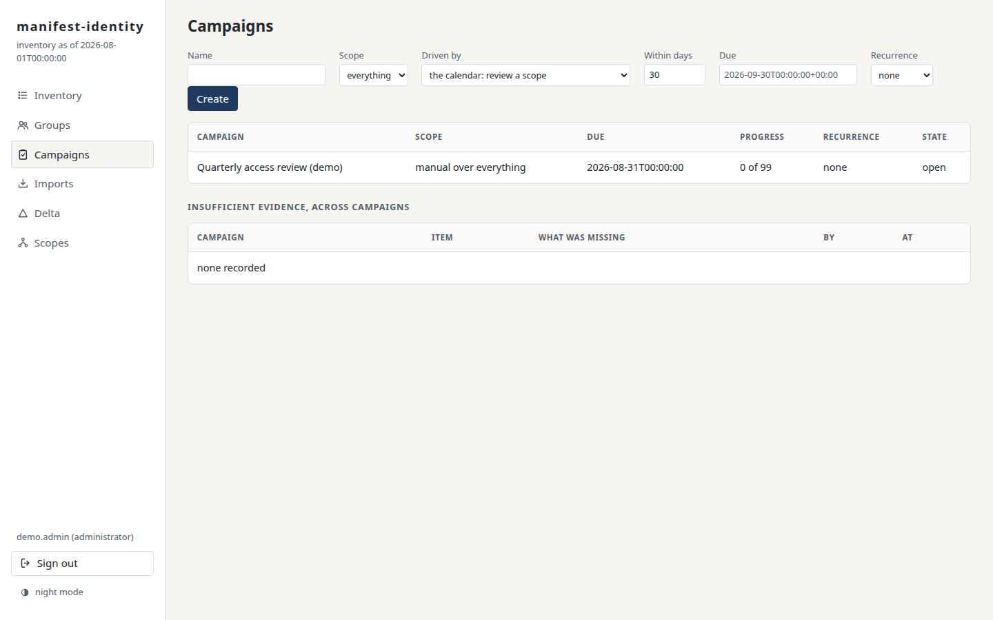 A review campaign open over the whole inventory, ninety-nine items awaiting decisions