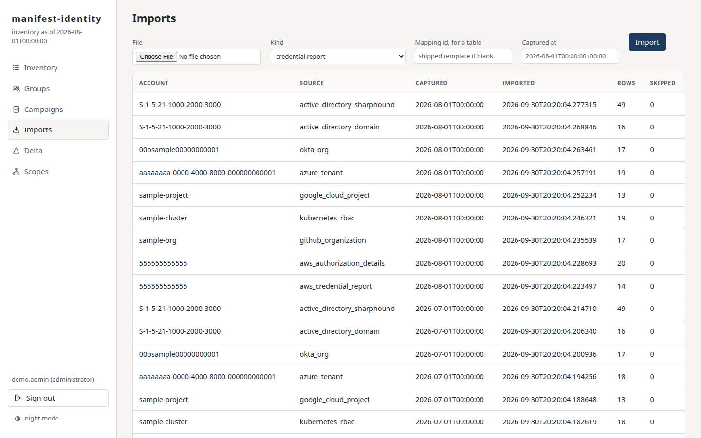 The imports view: the file, its kind chosen from the nine native shapes or the table, the capture time, and the record of every import so far